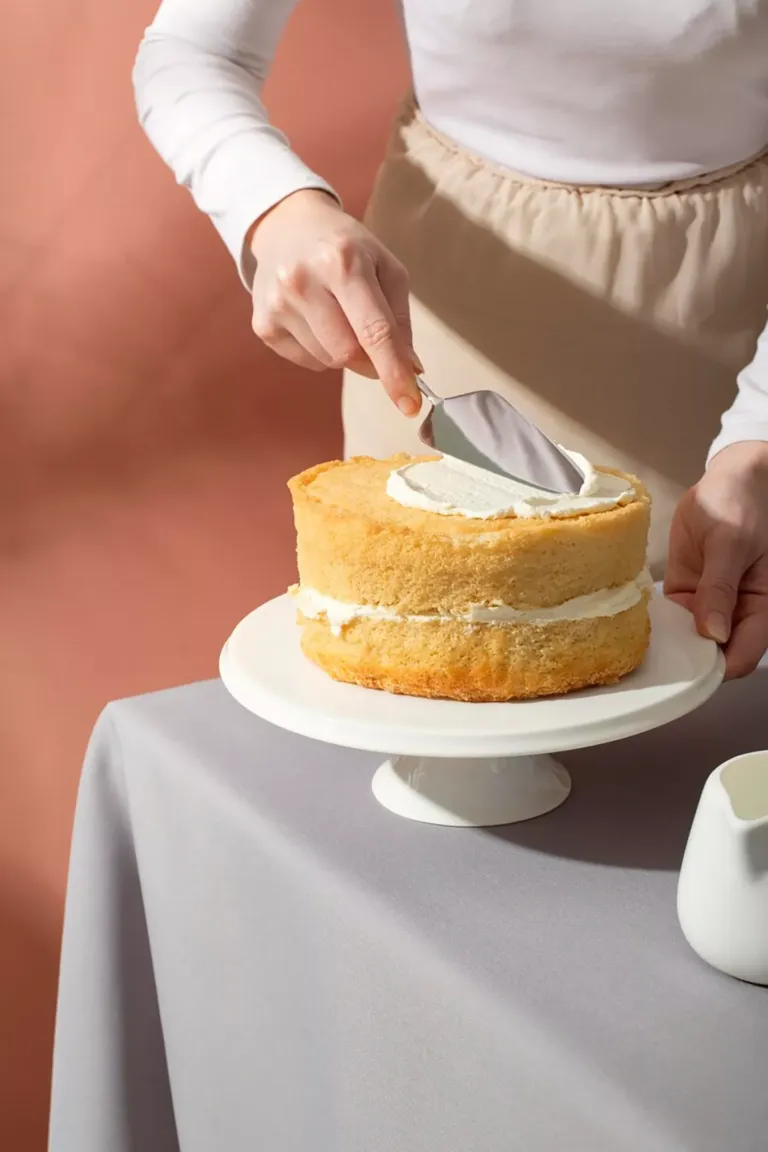 Mano sujetando una espátula mientras extiende una crema en una tarta